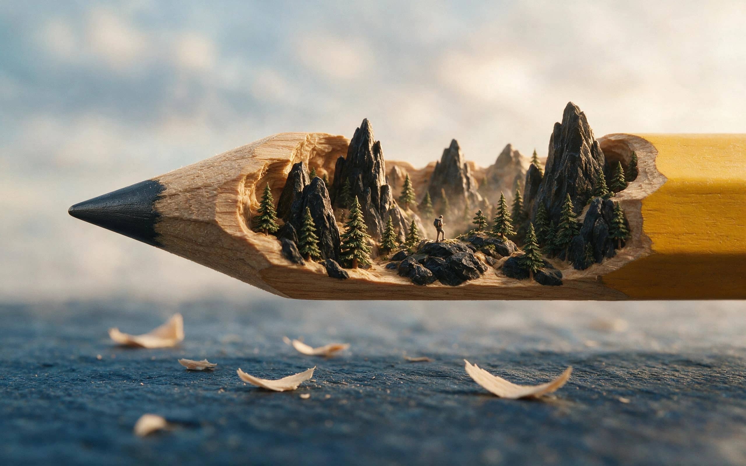 Miniature mountain landscape carved into a pencil with a lone hiker among the peaks