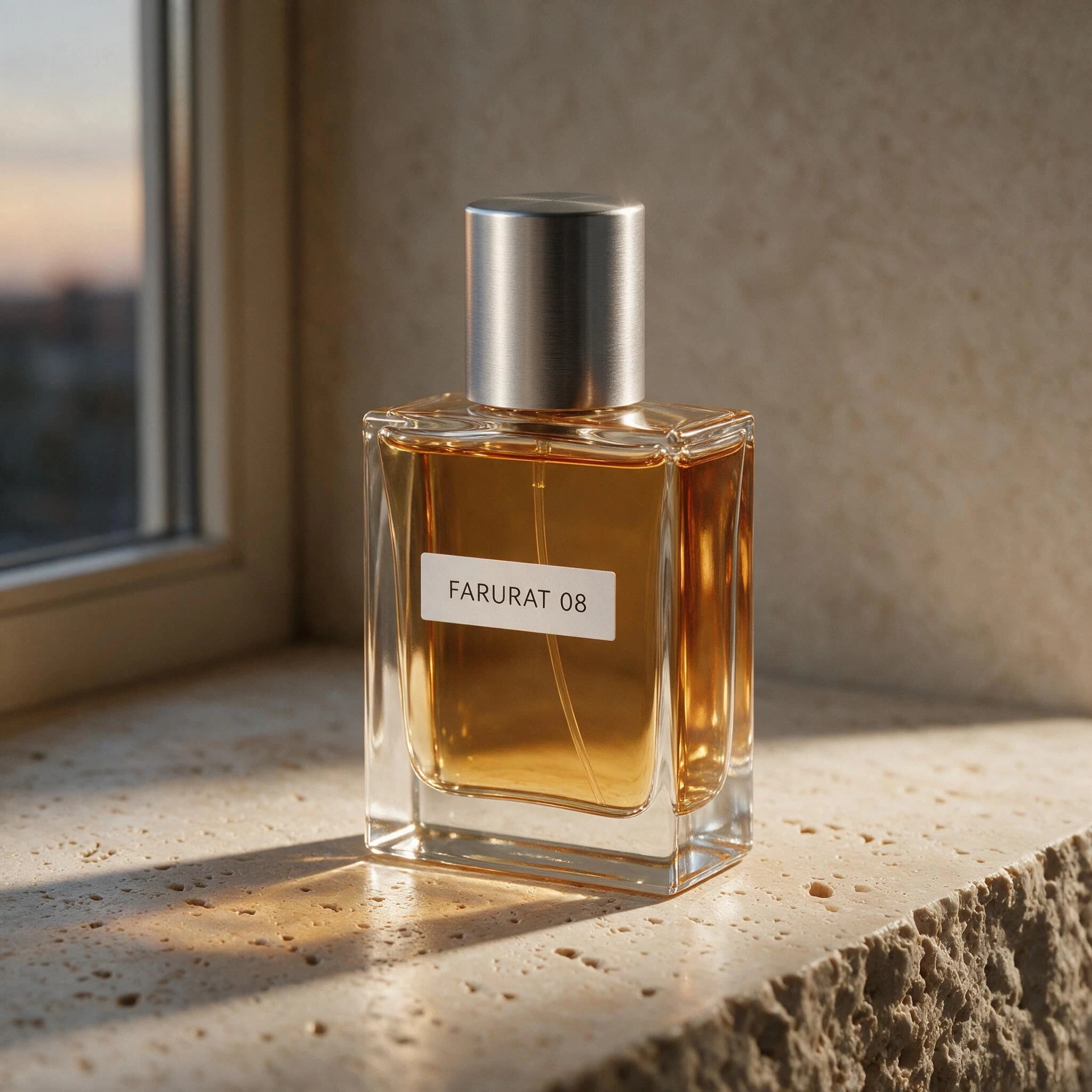 Source photo of a FARURAT 08 amber perfume bottle on travertine beside a window