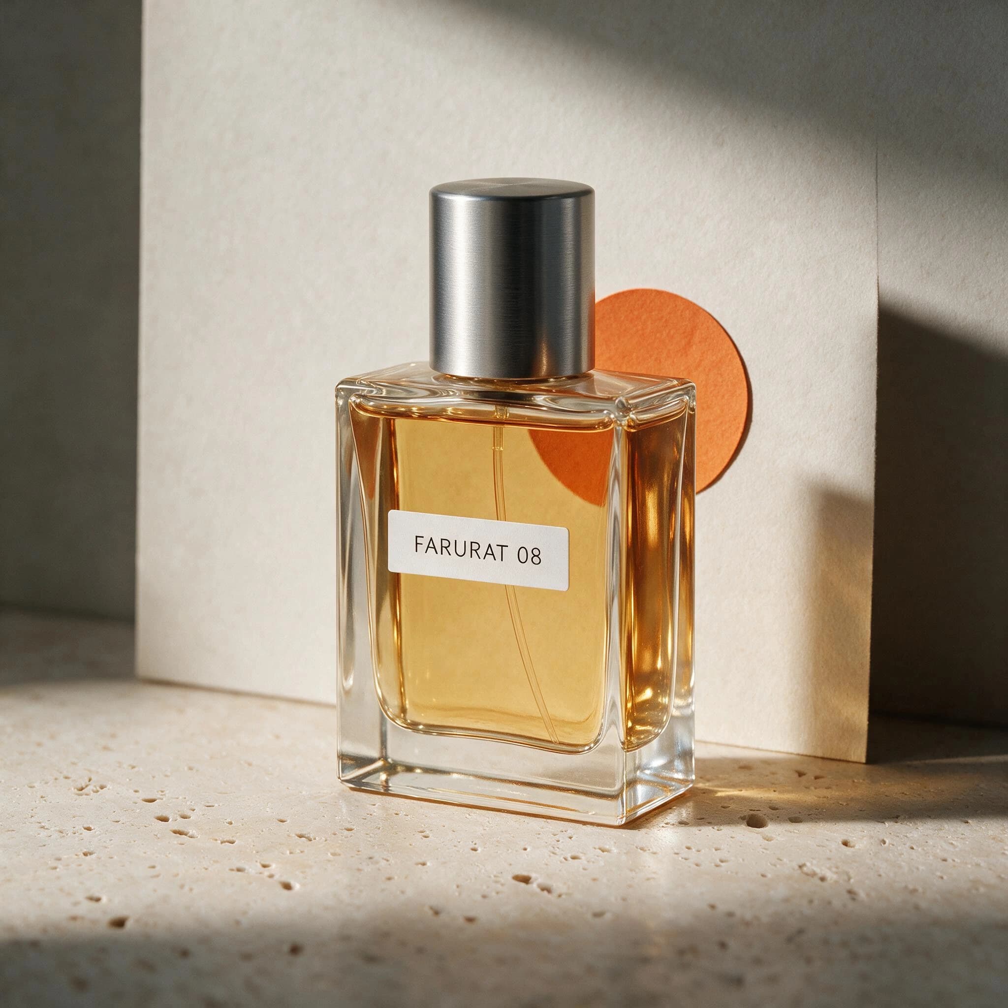 First Seedream 5.0 Pro edit of the FARURAT 08 bottle with an orange circle and neutral studio wall