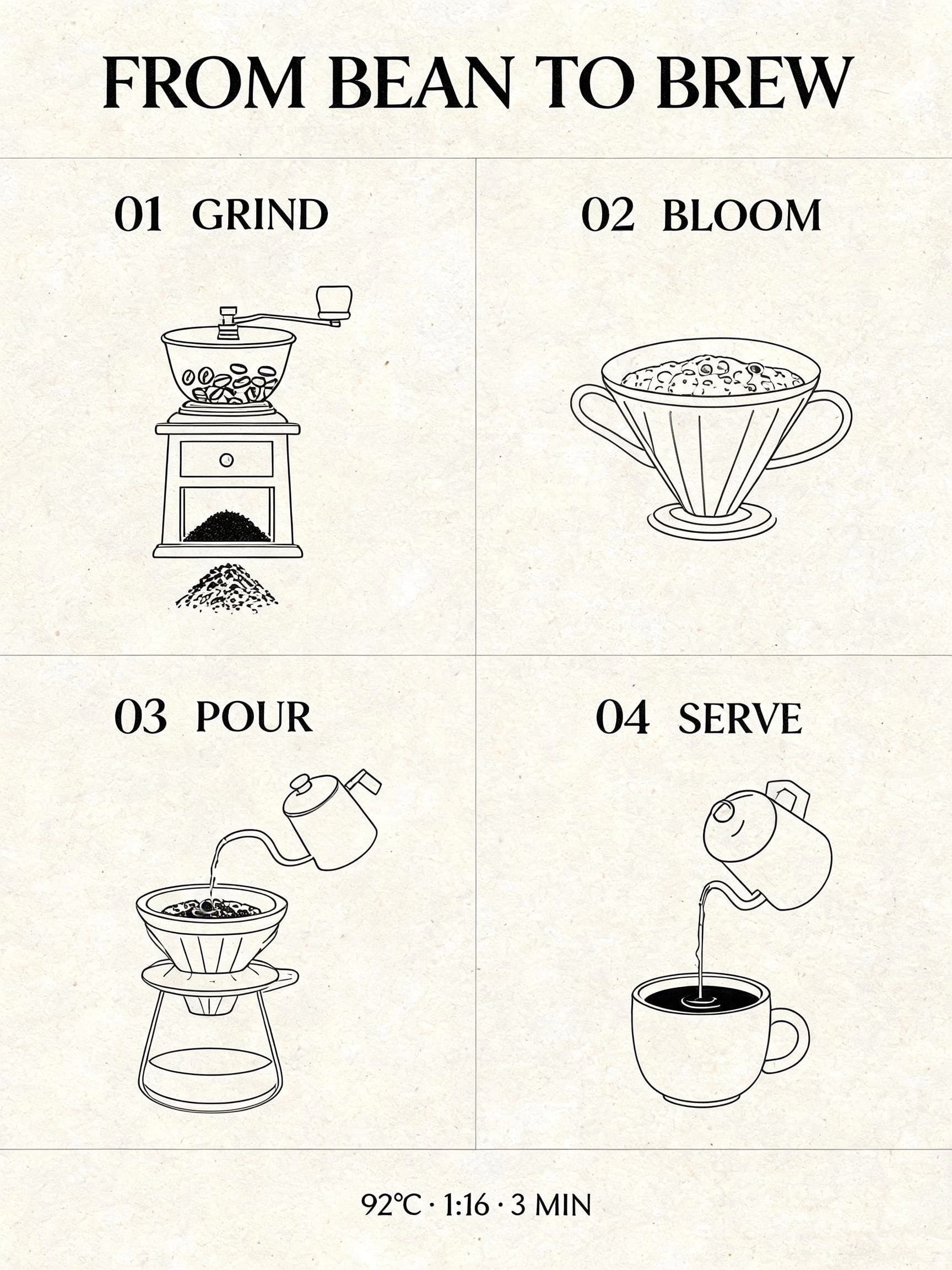 Seedream 5.0 Lite coffee infographic with four numbered brewing steps on ivory paper