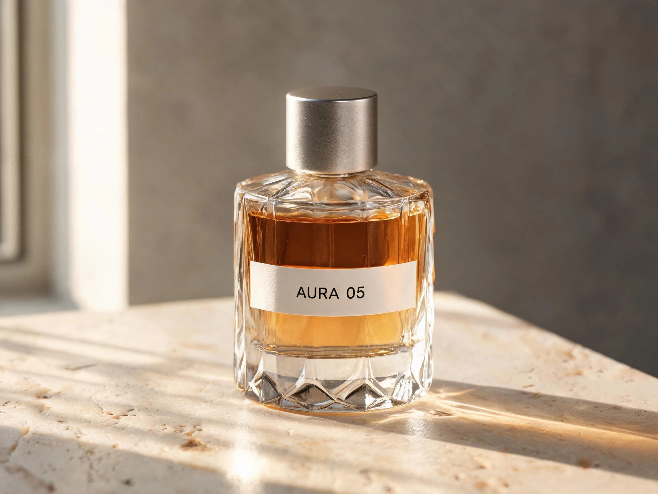 Seedream 5.0 Lite AURA 05 perfume product photo on pale travertine