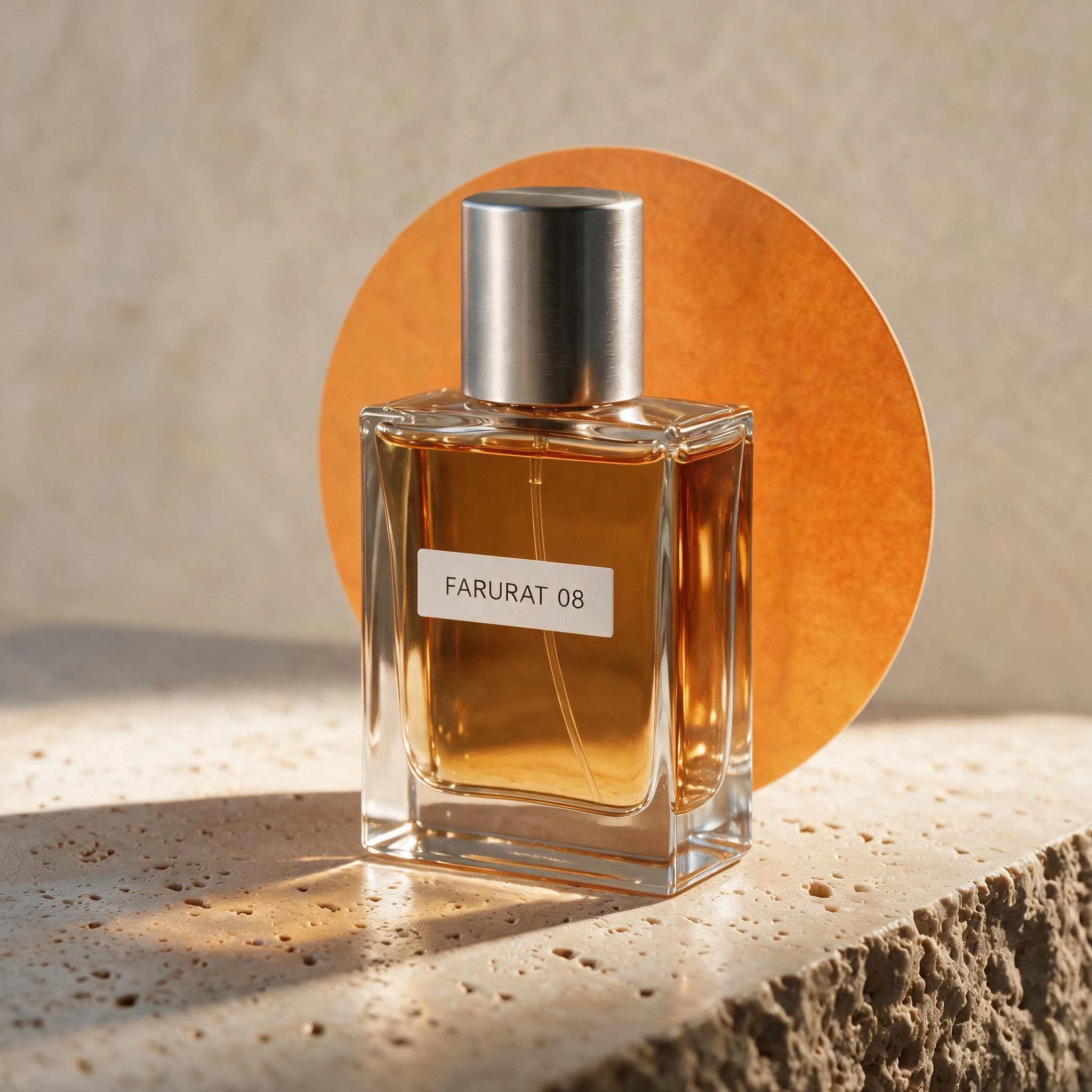 Seedream 5.0 Lite edit of FARURAT 08 bottle with a large orange circle and neutral background