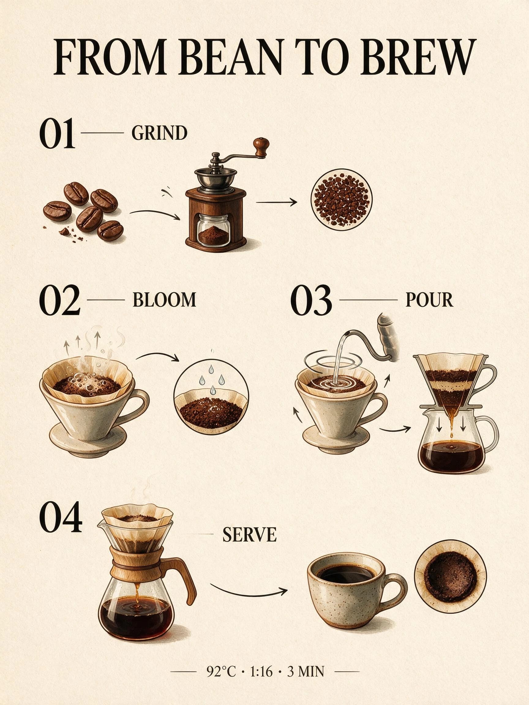 Seedream 5.0 Pro coffee infographic with four illustrated brewing steps and editorial hierarchy