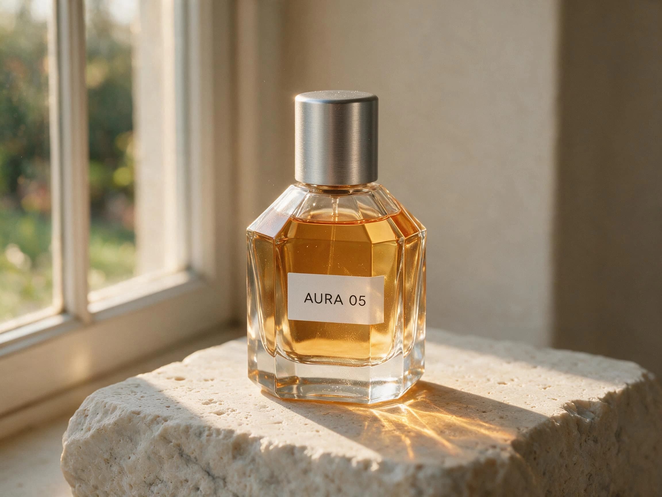 Seedream 5.0 Pro first-output product photograph of an AURA 05 perfume bottle in warm window light