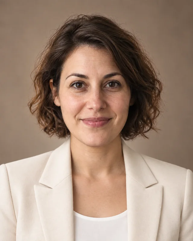Edited portrait of the same woman wearing a cream blazer against a warm studio background