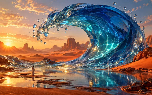A monumental blue glass wave arches over an orange desert and reflective pool, with a tiny traveler beneath it at sunset