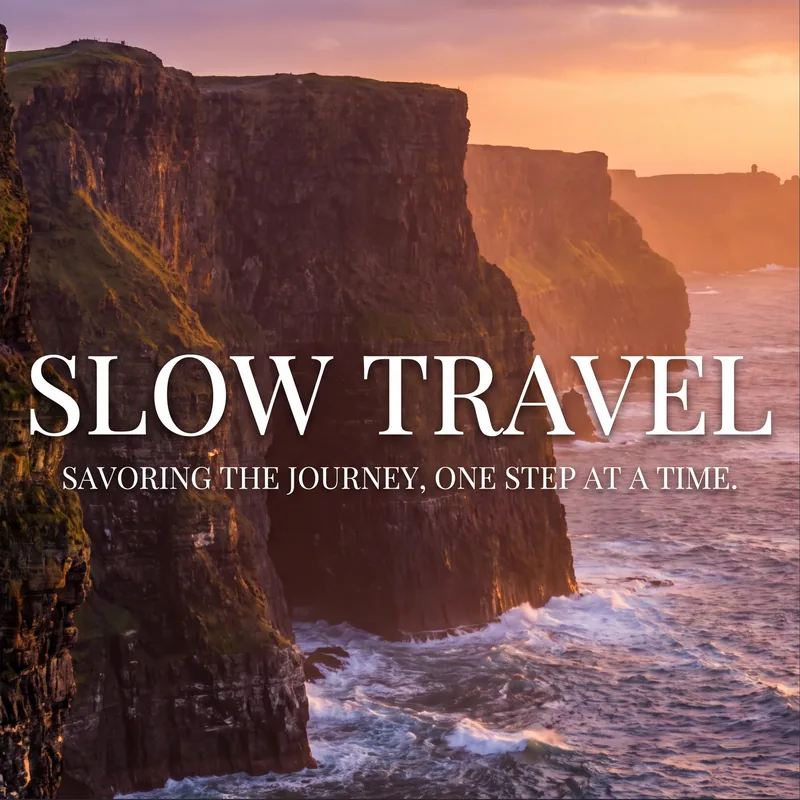 Slow Travel poster with coastal cliffs at sunset and white serif lettering