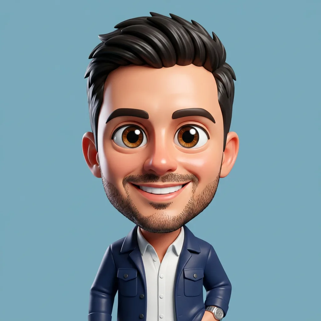 Person redrawn as a small 3D chibi figurine with an oversized head