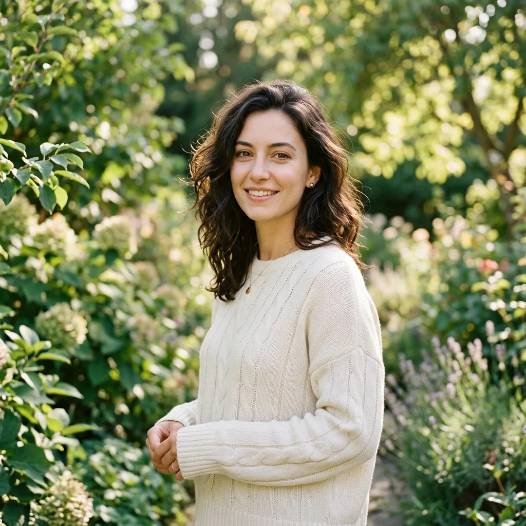 Original photo: a woman in a cream sweater in a garden