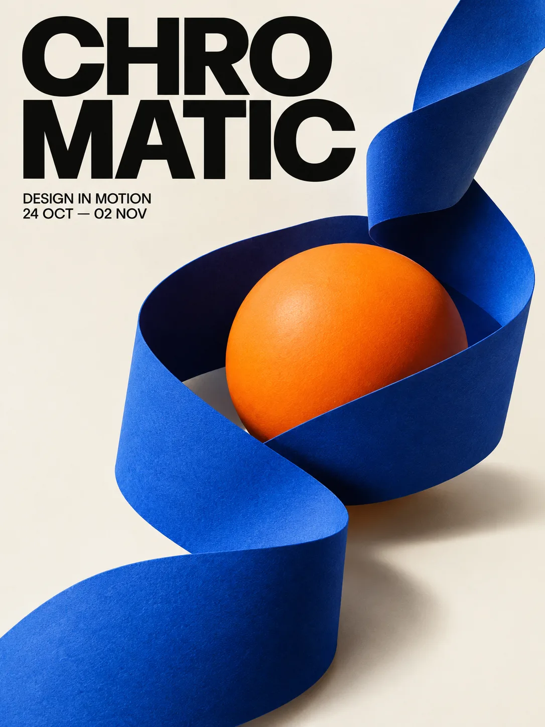 CHROMATIC art exhibition poster with bold typography and a blue paper sculpture