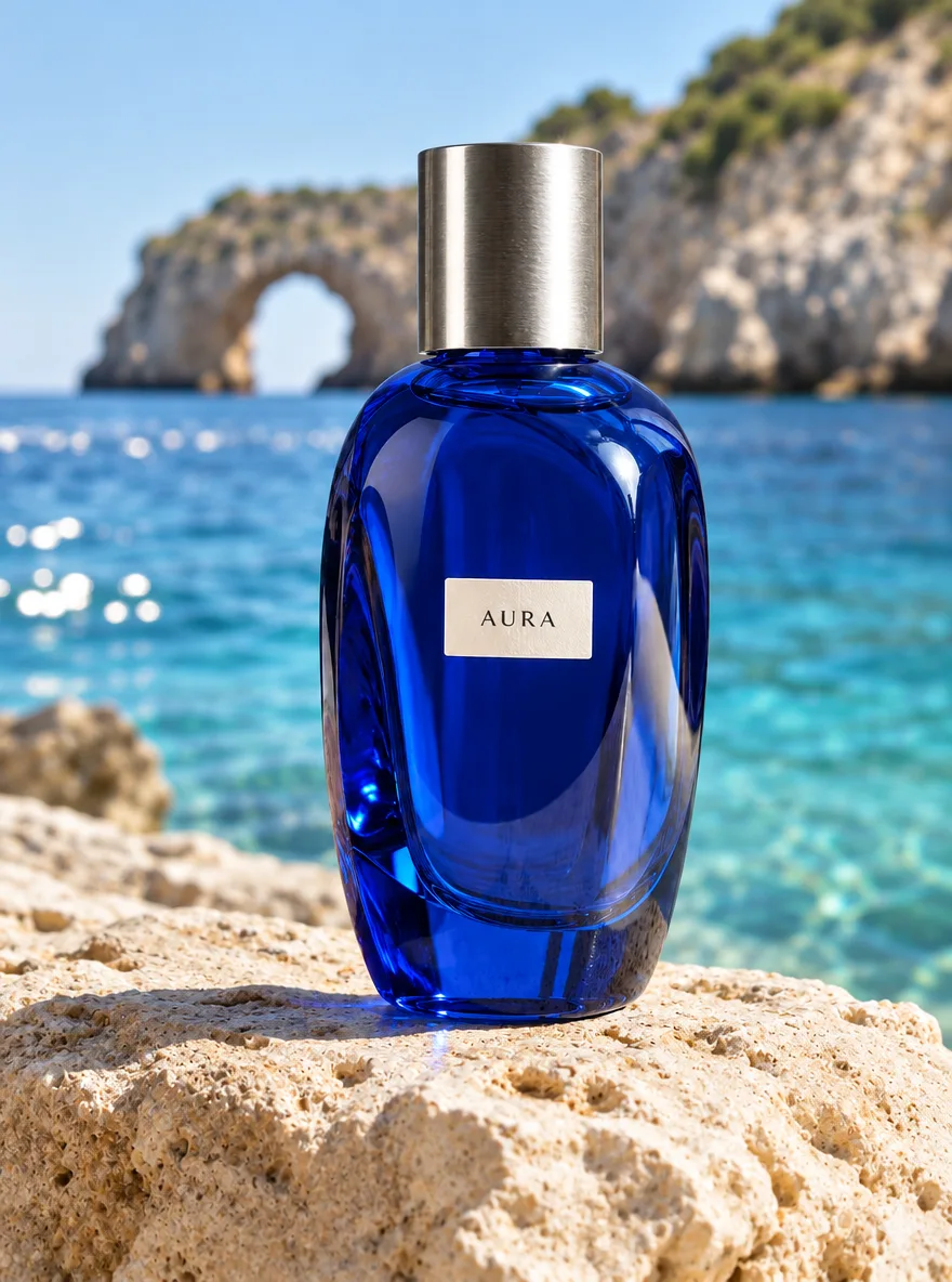 The blue AURA bottle placed on limestone beside the Mediterranean sea