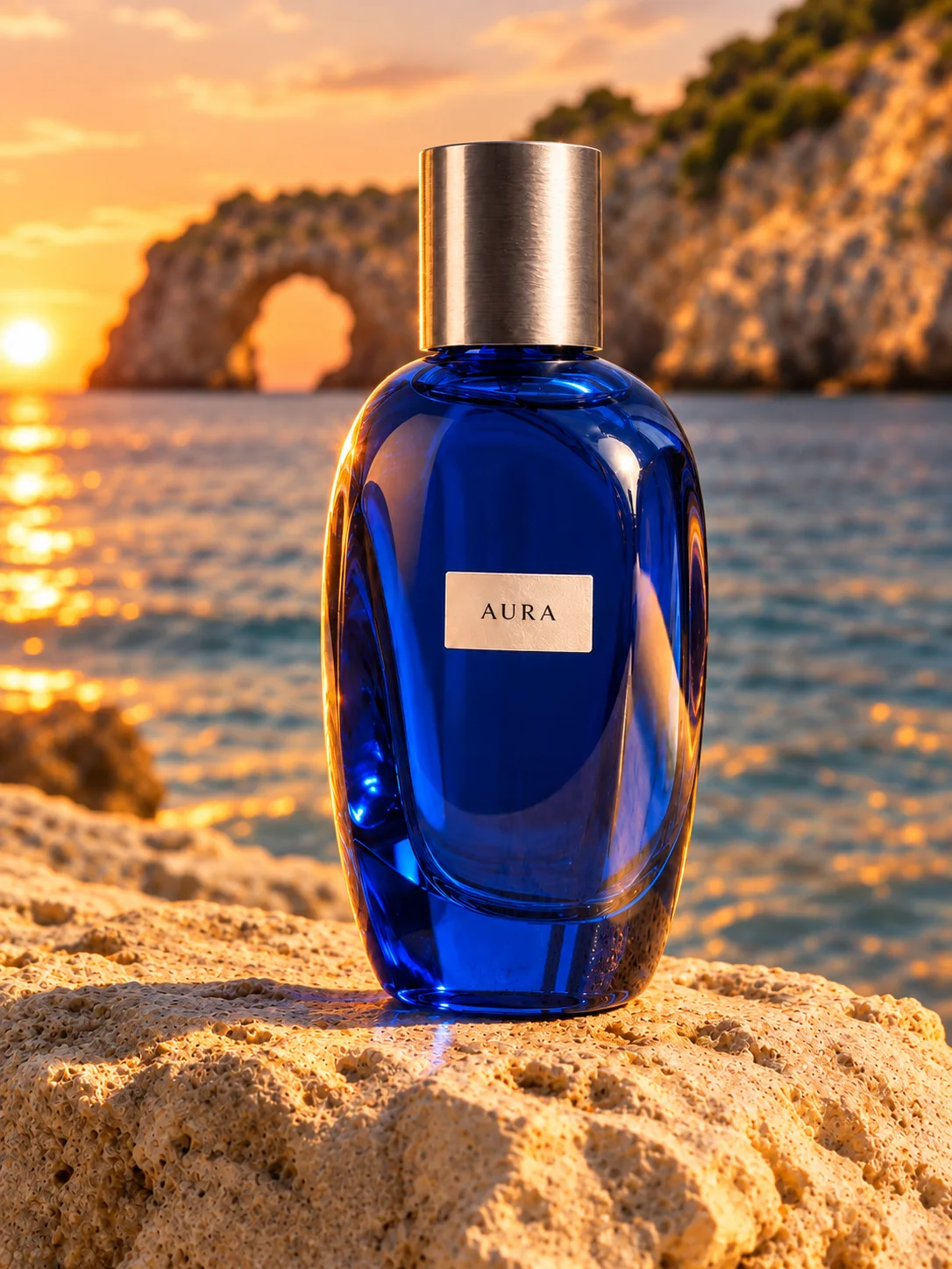 The same coastal perfume scene with warm golden-hour sunset lighting