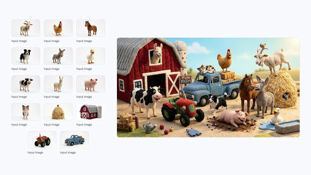 A character sheet driving a consistent farm scene generated by Nano Banana 2