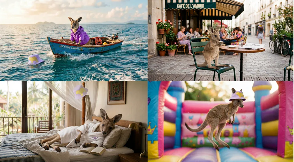 The same dog character placed into four entirely new scenes by Nano Banana 2