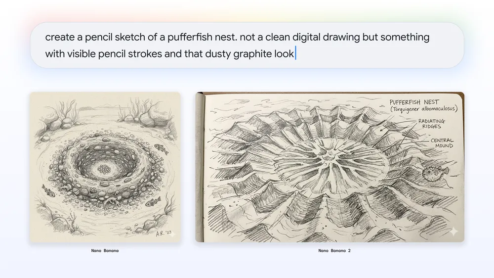 A one-line prompt turned into detailed pencil sketches by Nano Banana 2