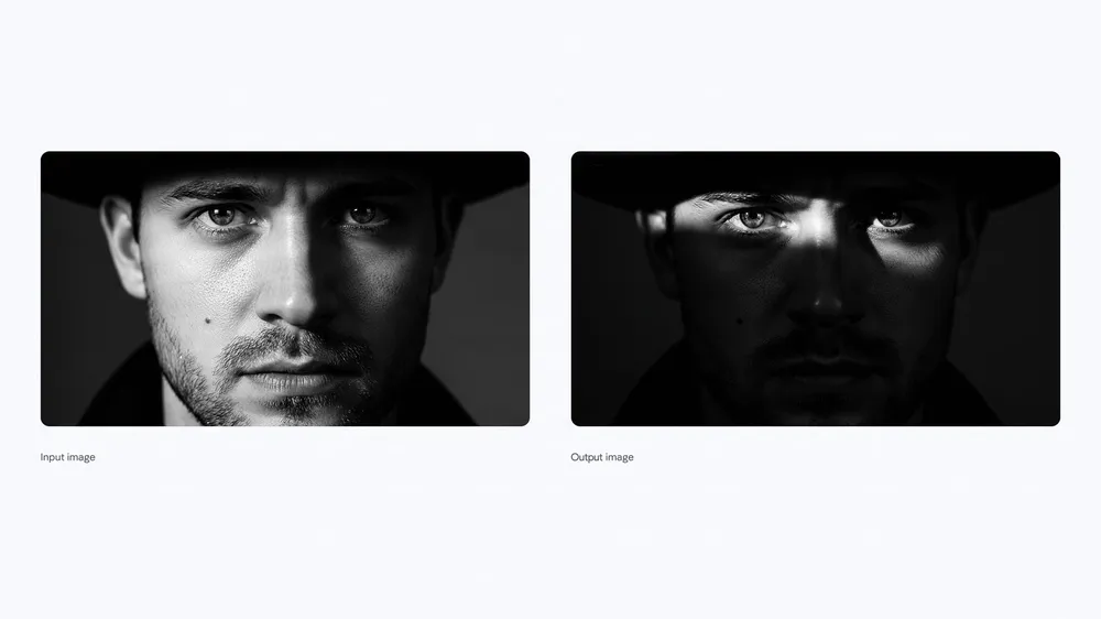 A studio-quality portrait relit by Nano Banana Pro, before and after