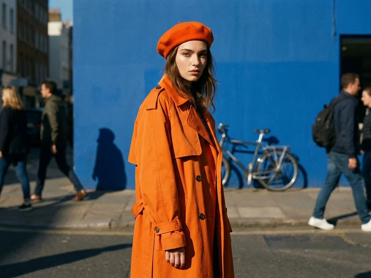 Original photo: a woman in an orange trench coat in front of a cobalt blue wall and a busy street