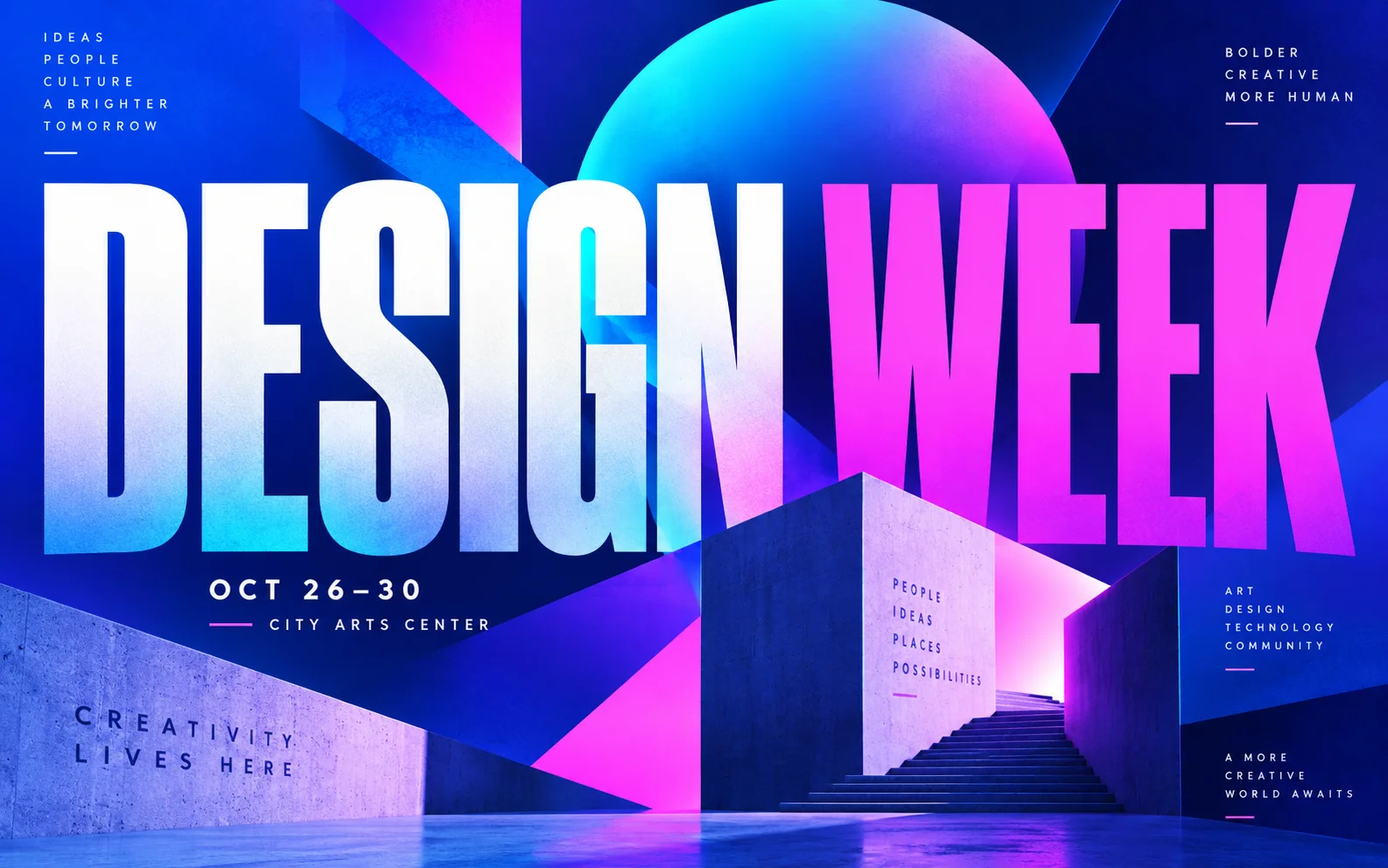 Design Week poster in purple and blue with bold typography